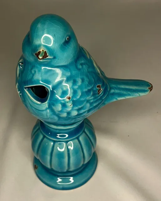 Bird Figurine on Pedestal Ceramic Turquoise Blue Gloss Crackle Finish Decorative