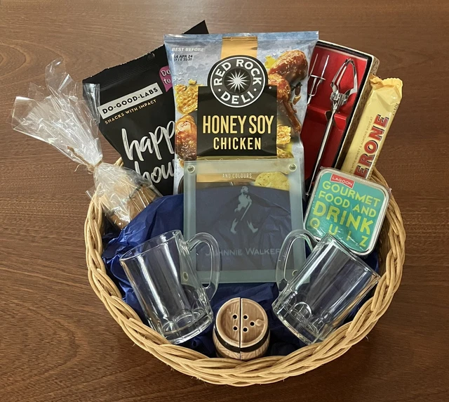 Men’s Gift Hamper Vintage Bar Tongs, Toothpick Barrel, Johnnie Walker Coasters