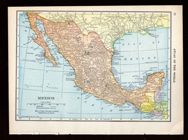 1911 Original Antique Hammond Atlas Map of Mexico on reverse The West Indies