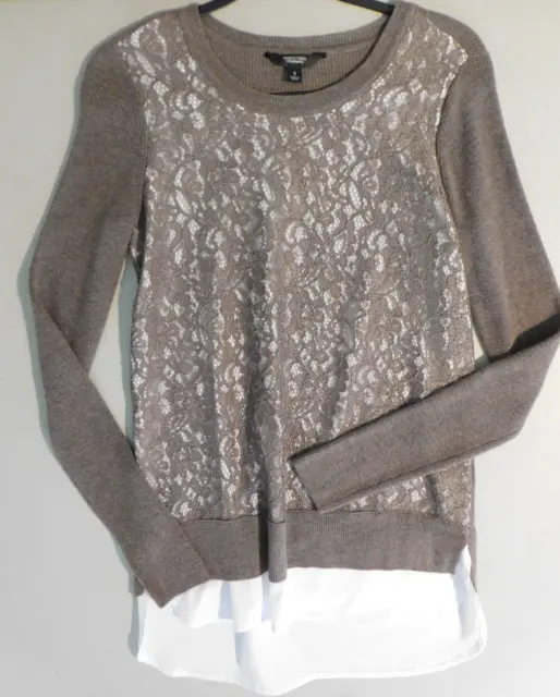 Simply Vera Vera Wang Women's Taupe Lace Layered Long Sleeve Sweater Size S