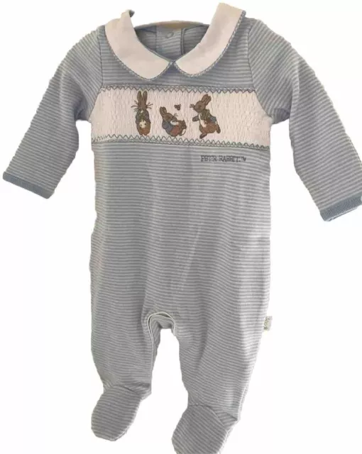 JoJo Maman Bebe Peter Rabbit Cream & Blue Smocked 3-6 Months Sleepsuit