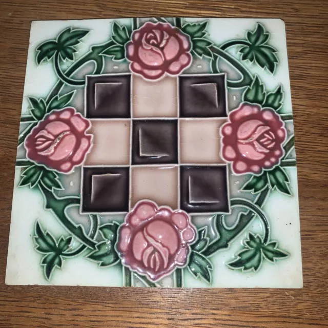 Vintage Antique Majolica Tile Rose Pattern 6” x 6” Japan