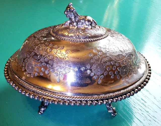Atq Ornate Meriden Silverplate Figural Goat  Footed 3 Pc  Oval Butter Dish