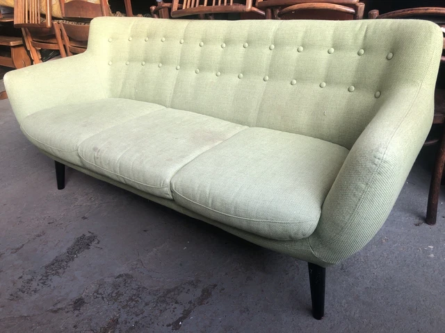 Vintage retro mid century Modern Green MCM 3 seater sofa couch wool Wooden legs