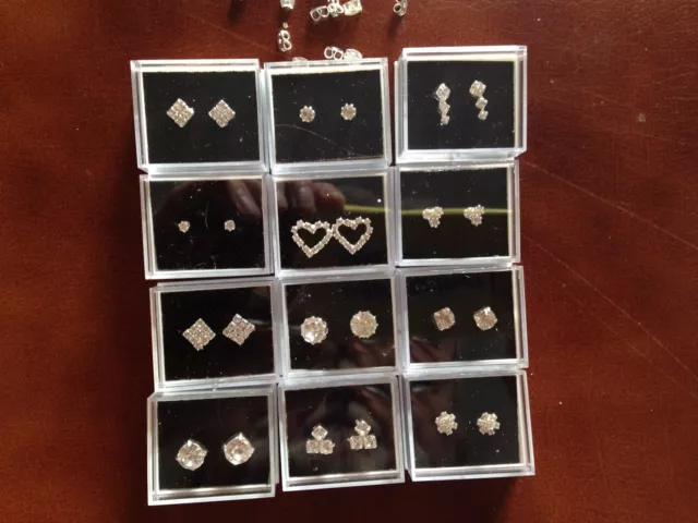 JOB LOT-12 pairs of 12 different styles crystal diamante stud earrings.Gift box.