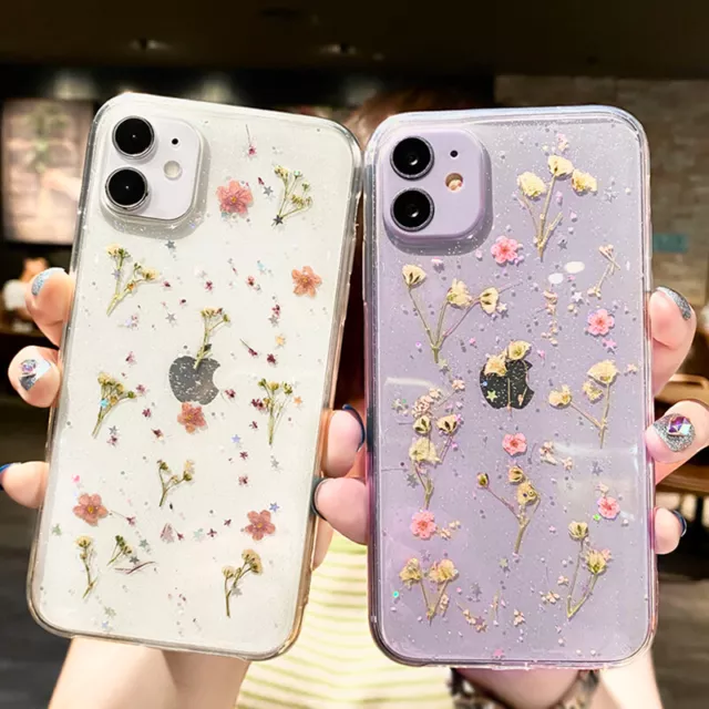 For iPhone 13 12 14 15 Pro Max 11 X Pressed Real Flower Glitter Clear Case Cover
