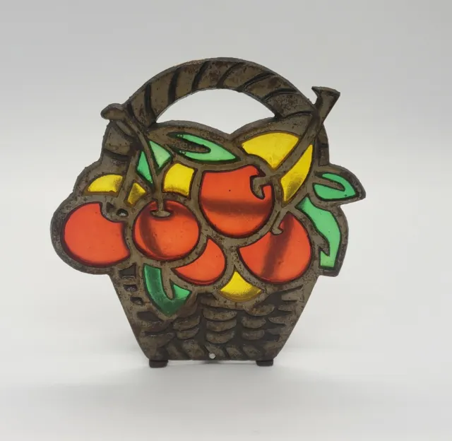 Vintage 1970's Cast Iron Metal Stained Glass Cherries Basket Napkin Holder