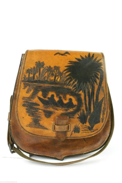VINTAGE 1976 Grand Sac Cuir Artisanal Porté Epaule TBE
