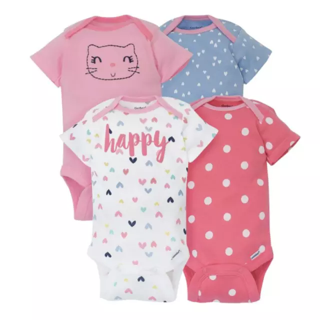 Baby Girl Lot of 4 Onesies Happy Cat Hearts Dots Gerber NWT Size NB 0-3  3-6