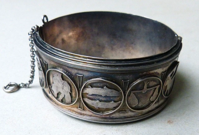 Bracelet Ancien En Argent Massif – Style Charms Japonais Des Années 1950/1960 – Pièce Rare Avec Poinçons, Très Bon état
