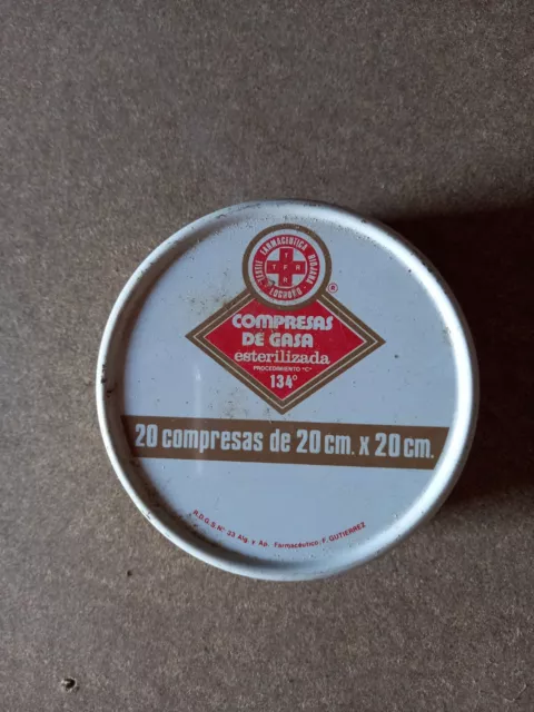 Antigua caja metálica compresas de gasa textil Farmacéutica Riojana
