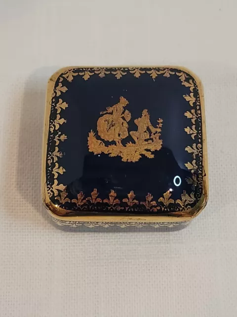 Vintage Limoges France Cobalt Blue Gold Courting Couple Trinket Pill Box