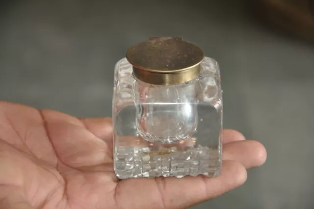 Vintage Solid Cut Glass Heavy Fine Quality Cube Shape Inkpot