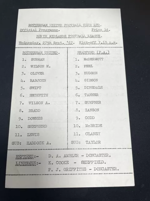 Rotherham United  Reserves v Bradford Park Avenue Reserves  1967/68 (9/18)