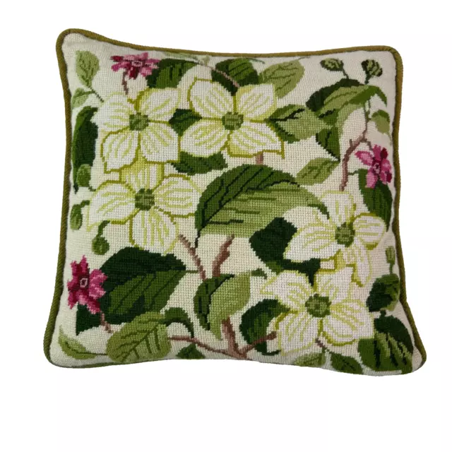 Vtg Square Throw Pillow Petit Point Cross Stitch Needlepoint Floral Green 13X13