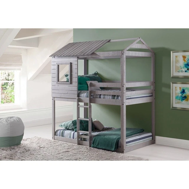 Donco Kids Light Grey Twin over Twin Loft Bunk Bed No Tent Twin over Twin
