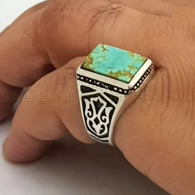 925 Sterling Silver Tibetan Turquoise Men Ring, Statement Signet Jewelry TM002 2