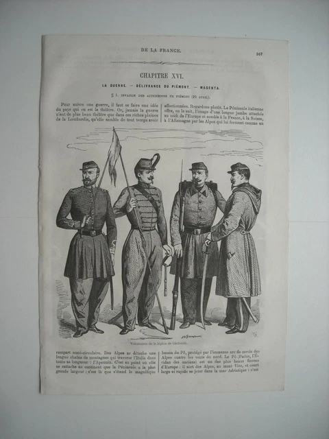 Gravure 1864. Volontaires Legion De Garibaldi. Soldats De L’armee Piemontaise...