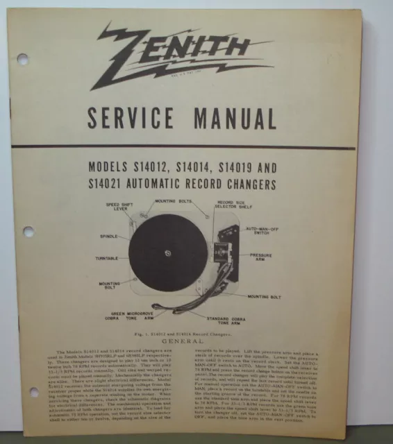 Zenith Service Manual Record Changers S14012 S14014 S14021