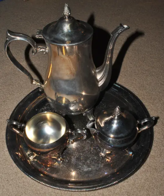 L.S. CO. - SILVER PLATED TEA, COFFEE POT & Sugar Cup SET w/ Serving Tray