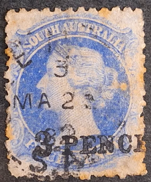 1870 South Australia 3 PENCE on 4d Sky Blue S/face stamp WMK Lrge star P11.5 usd
