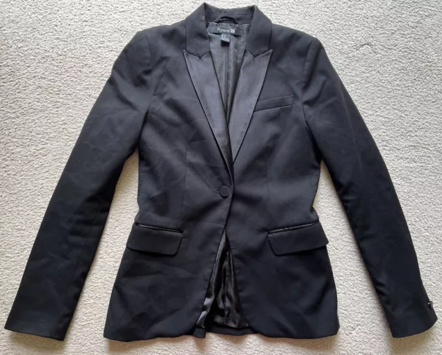 Forever 21 Blazer Jacket Suit Coat Black Satin Collar Long Sleeve 1-Button Sz 6