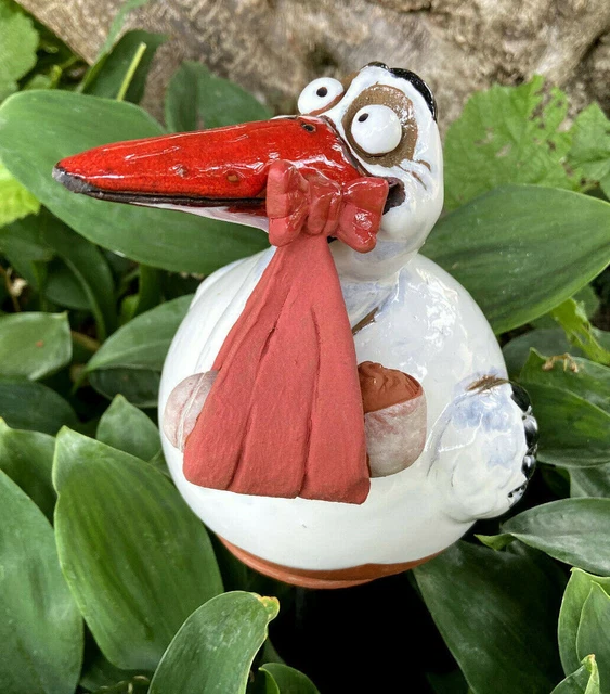 Keramik Gartenstecker 'Storch Mit Baby' - Handgefertigte Gartenkugel & Deko Für Beete (ca. 13 Cm)