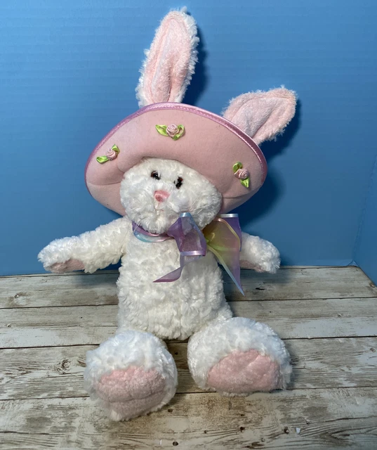 Gund Plush Bunny Flora Rabbit White Stuffed Animal Pink Hat Posable Ears Roses