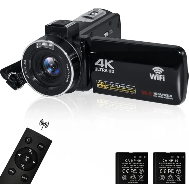 Possrab 4K 56 megapixel videocamera, zoom 18x 3,0" IPS touch screen palmare