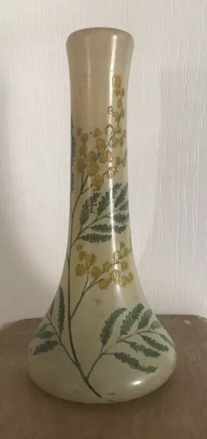 Ancien VASE Soliflore En Verre Soufflé, Décor Floral Période Art Nouveau -18,5cm