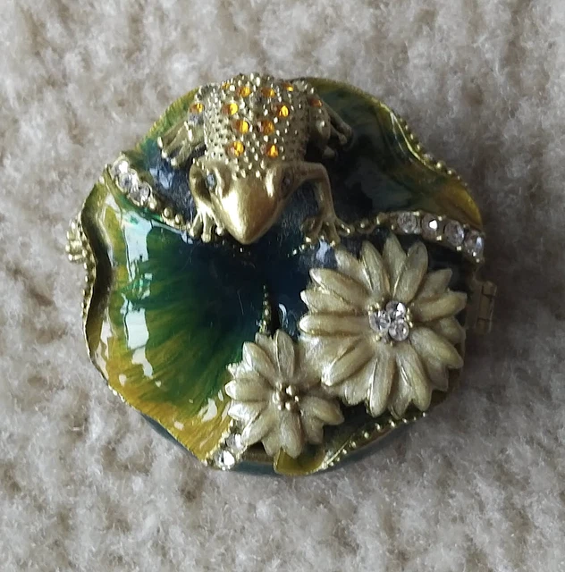 Ashleigh Manor FROG hinged jewelry box mini flower stones bejeweled green enamel