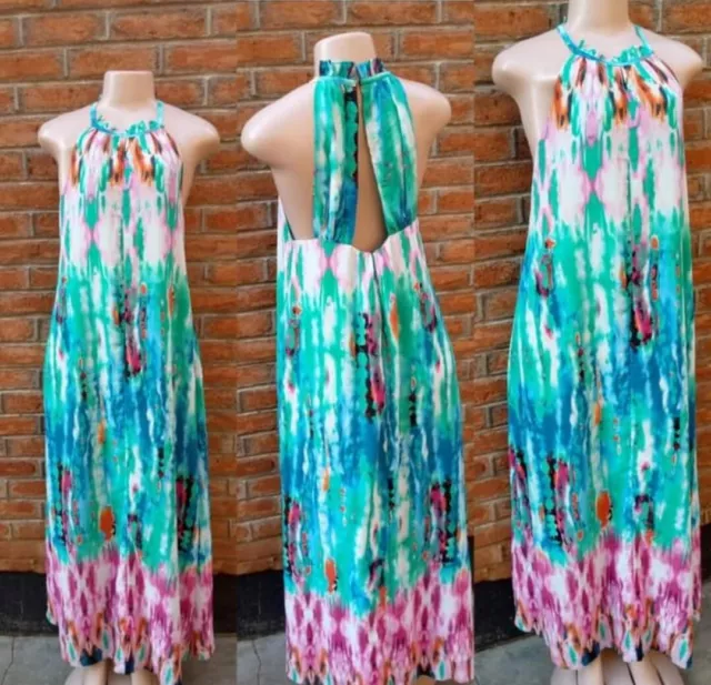 BUDDY LOVE WATERCOLOR Tie Dye MAXI DRESS Sz S Halter Open Back Blue Pink Lined