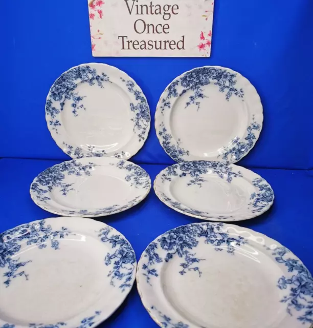 Keeling Co FLORA * 6 x Blue White DESSERT PLATES * Antique Losol Ware 1922 VGC