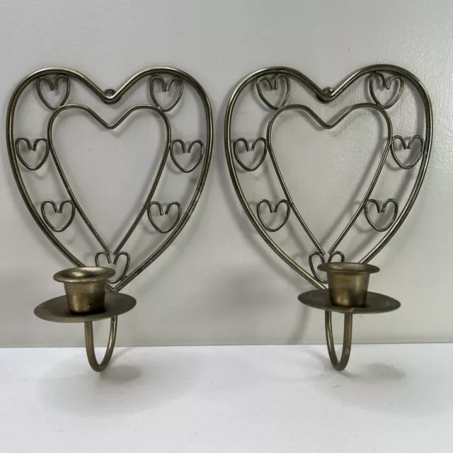 Pair Vintage Metal Brass Heart Shaped Wall Sconce Candle Holders 8”