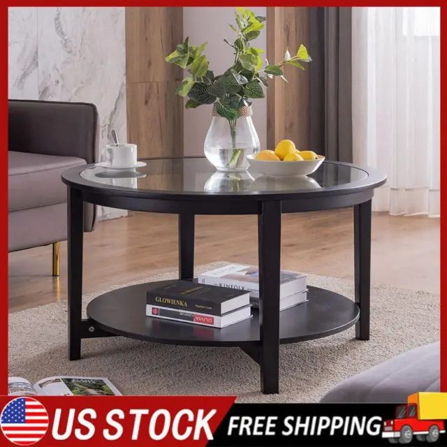 Modern table with tempered glass top black color-36" Solid wood round coffee