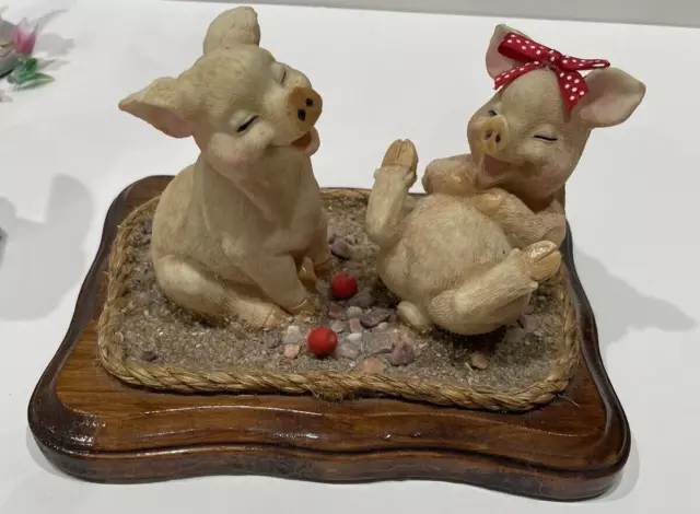 Ceramic Playful Pigs Figurine on Crate 6 1/2”