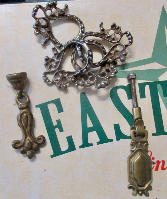 2 Unique Antique Architectural Drop Drawer Pulls + set 4 Trim Pieces
