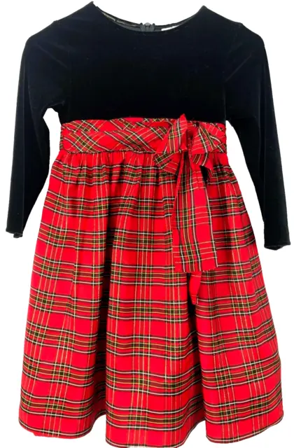 SUGAR PLUM Child's Holiday Dress Size 6 Classic Red Plaid/Tie Black Velvet Top