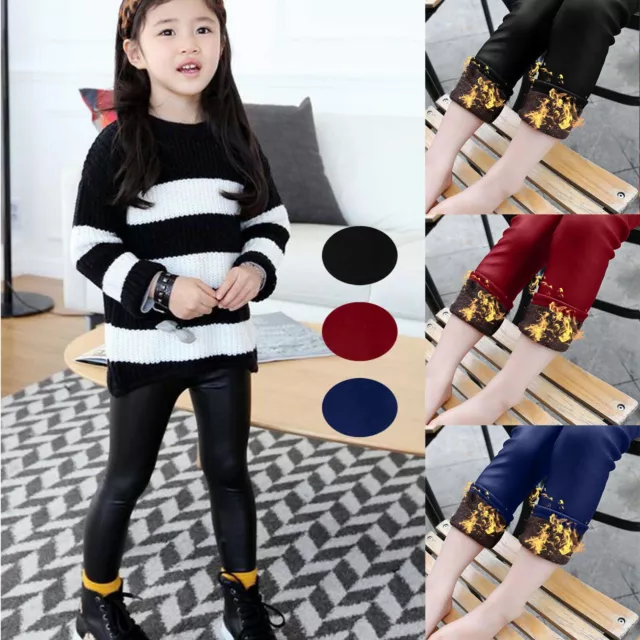 Children Kids Baby Girls PU Leather Leggings Pants Winter Warm Thermal Trousers