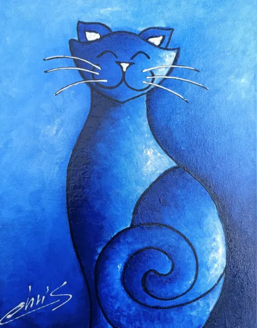Tableau Peinture Toile Le Chat Bleu  N:17 Contemporain  Signe Chrisk