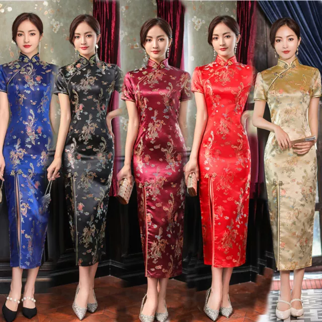 Women Brocade Qipao Dress Cheongsam Satin Faux Silk Chinese Retro Dragon Phoenix