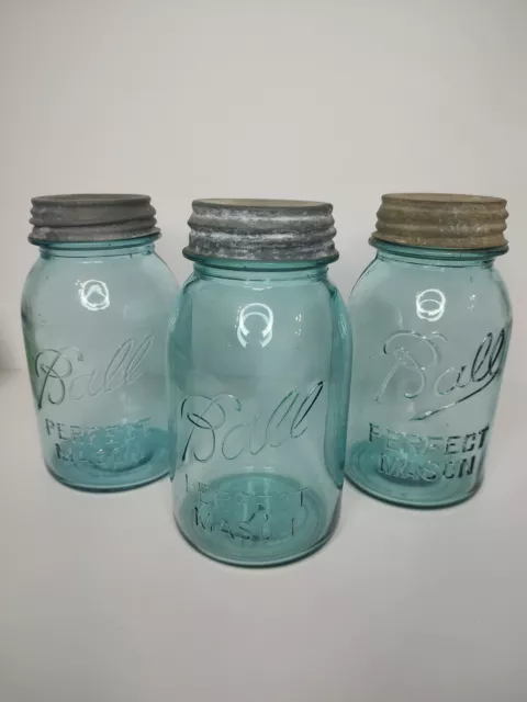 Lot of 3 Vintage Ball Perfect Mason Blue Glass Quart Jars Ball Zinc Lids