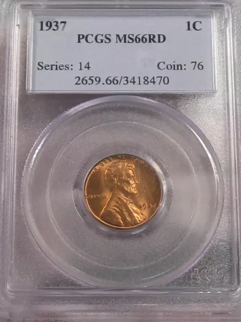 BU RED GEM 1937 Lincoln Wheat Penny PCGS MS66RD. #8