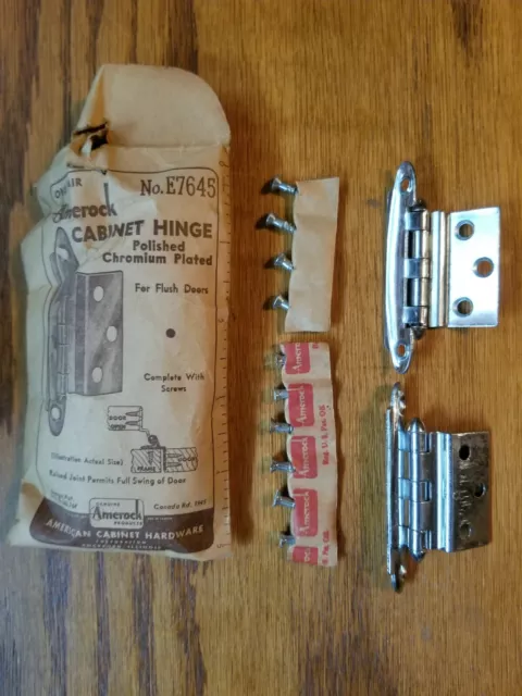 Vintage Pair Amerock E7645 Chrome Plated Steel Cabinet Door Hinges 1950's NOS