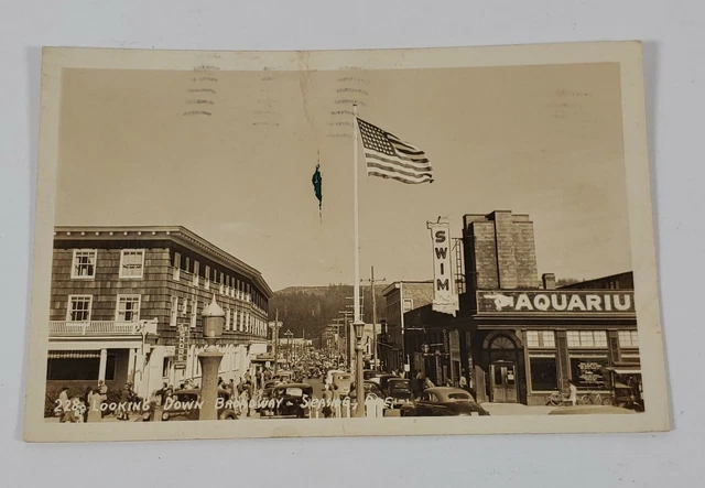 Vtg 1940s Looking Down Broadway Street Scene Seaside Oregon OR RPPC Postcard