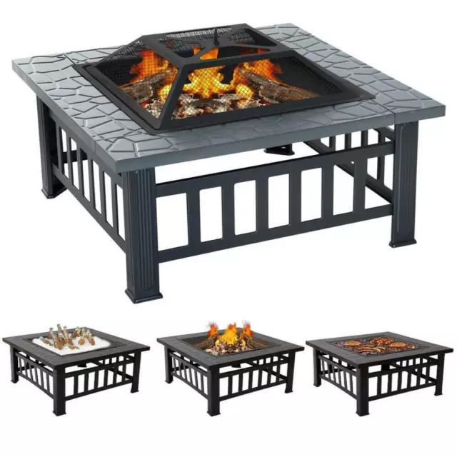 Fire Pit BBQ Firepit Brazier Outdoor Garden Square Table Stove Patio Heater 81cm