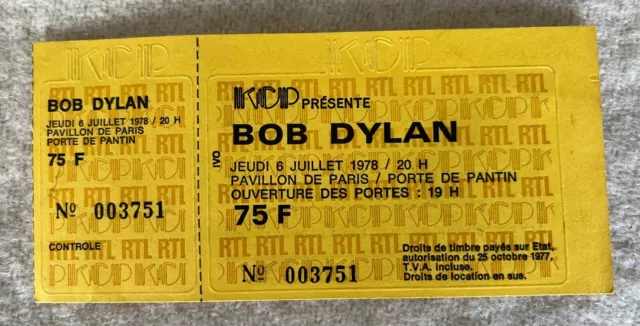 BOB DYLAN TICKET BILLET DE CONCERT.  06/07/78 Pav. de PARIS.Complet/Unused