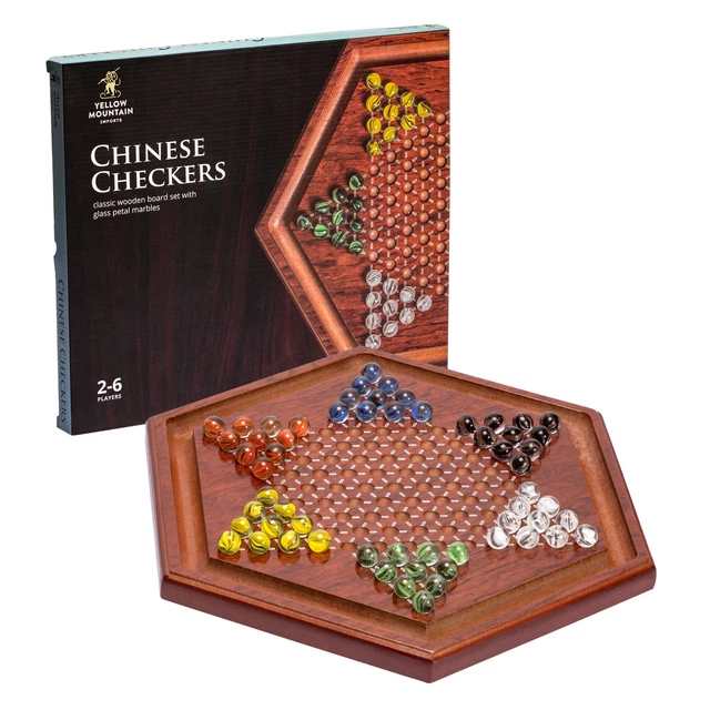 WOODEN CHINESE CHECKERS Halma Board Game Set w/ Drawers and Glass