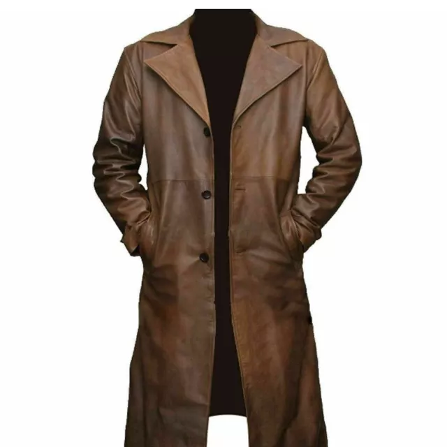 Homme Authentique Peau de Mouton Véritable Cuir Veste Trench Marron Long Manteau