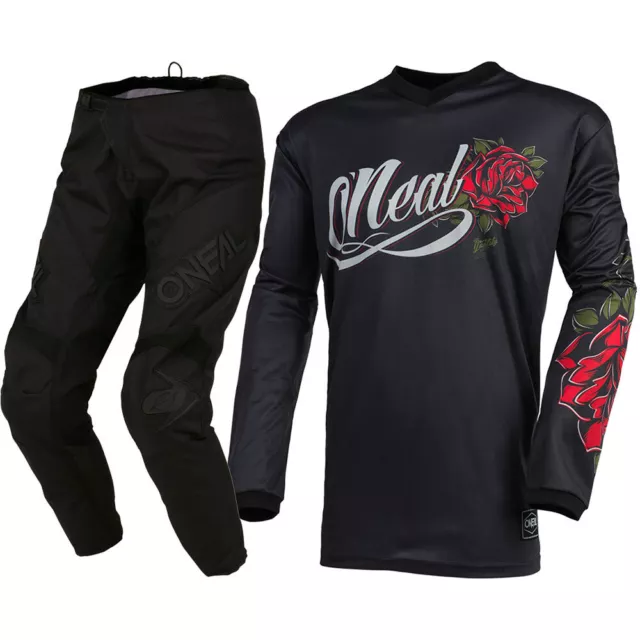 Oneal MX 2022 Element Threat Roses Black/Red Womens Motocross Gear Set